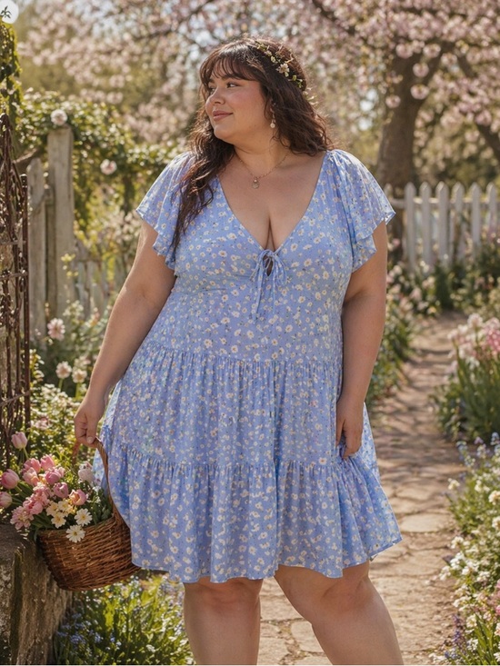 Arizona Jean Company Dresses & Skirts - Arizona Jean Co. Light Blue Daisy Tiered Ruffle Sleeve Boho Dress Size XXL NWT